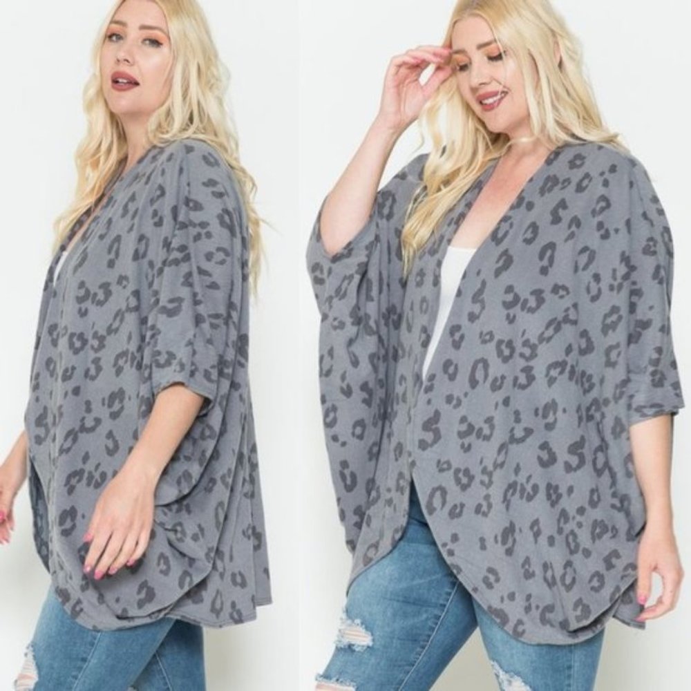 Gray Leopard Print open front Kimono Cardigan - Picture 4 of 7